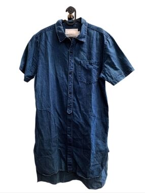 Reign Storm Men's Longline Denim Shirt - Short Sleeve Urban Top - Medium